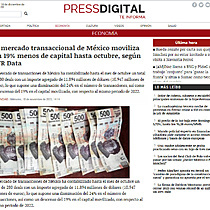 El mercado transaccional de Mxico moviliza un 19% menos de capital hasta octubre, segn TTR Data